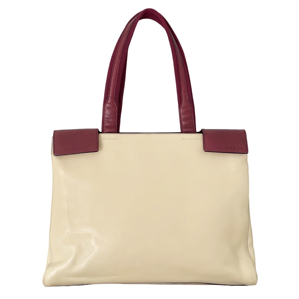 Prada rare iconic bicolor beige burgundy leather business Velcro tote bag